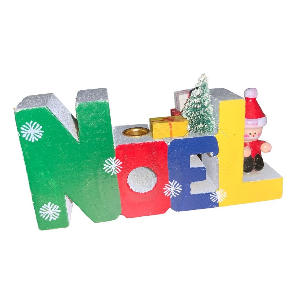 VINTAGE WOOD NOEL CANDLE HOLDER WITH BOTTLEBRUSH TREE SANTA  decor
